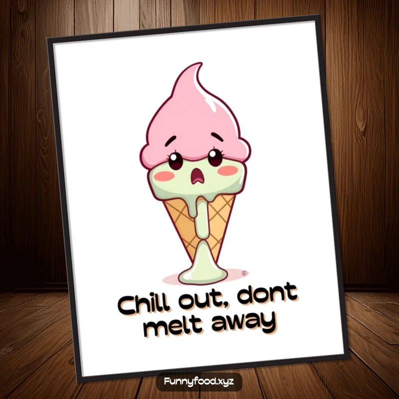 Funny Free Printable Wall Art depicting a surprised ice cream cone witnessing its own comical, rapid melting drip.