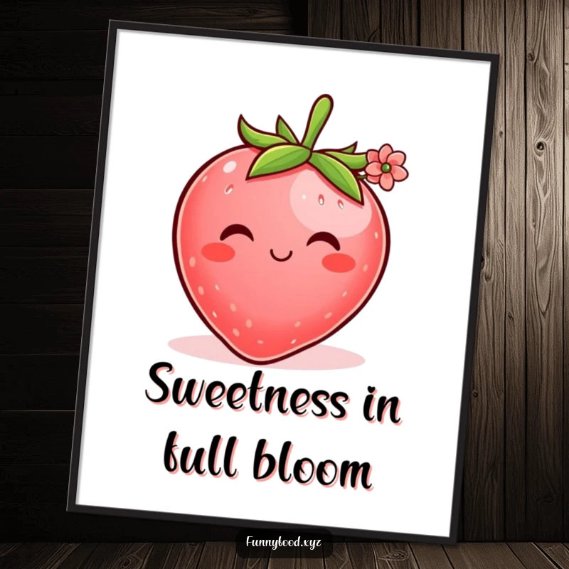 Funny free printable wall art of a plump strawberry with a shy smile holding out a tiny, delicate flower.