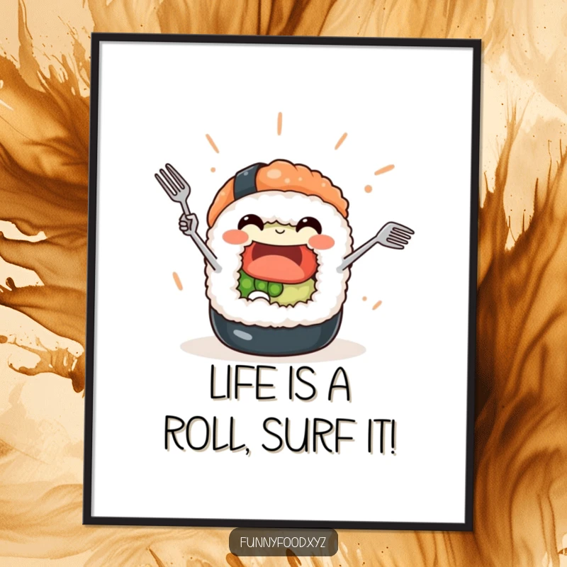 Funny Free Printable Wall Art: A joyful sushi roll character juggling tiny forks, adding humor to any room.