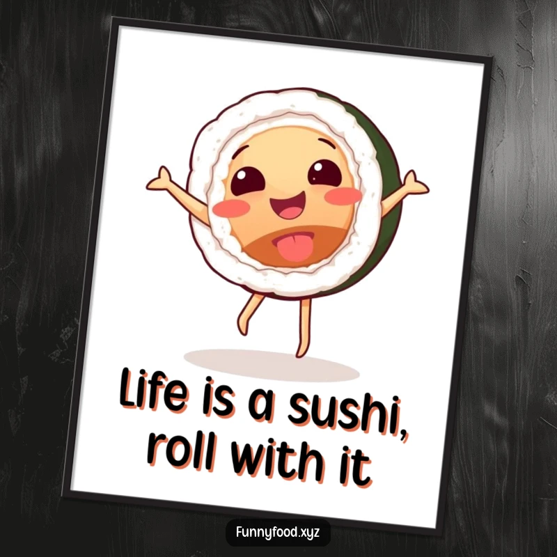 Funny free printable wall art depicting a happy sushi roll performing a cartwheel. Ideal humorous downloadable art for kitchens and foodies.