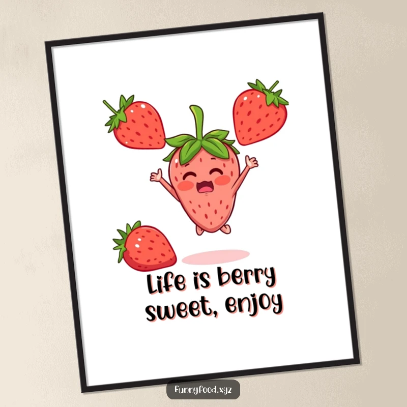 Funny Free Printable Wall Art: A surprised strawberry character is jumping with ecstatic delight, adding whimsy.