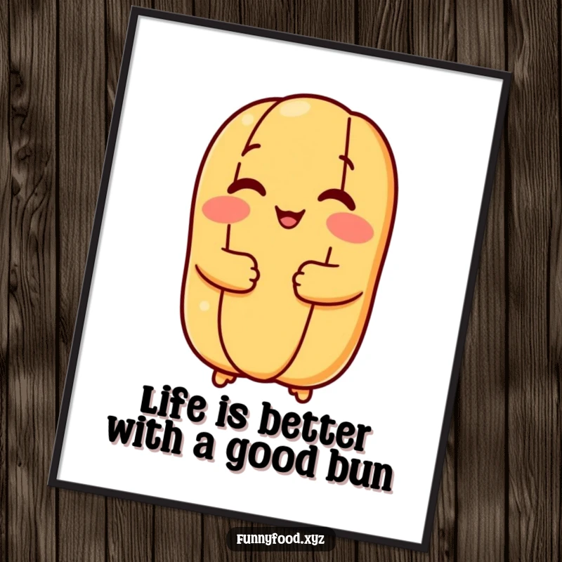 Funny Free Printable Wall Art featuring a joyful hot dog bun delivering a big, warm, comforting hug.