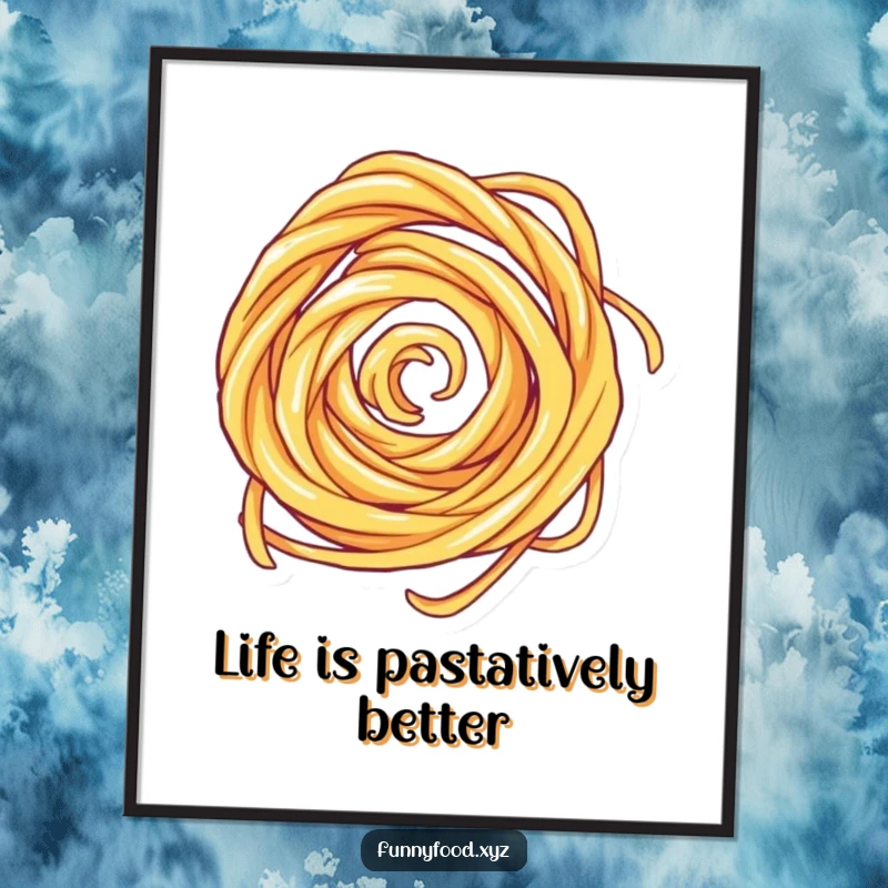 Funny free printable wall art depicting a lively pasta swirl in a fast spin, adding a fun element.