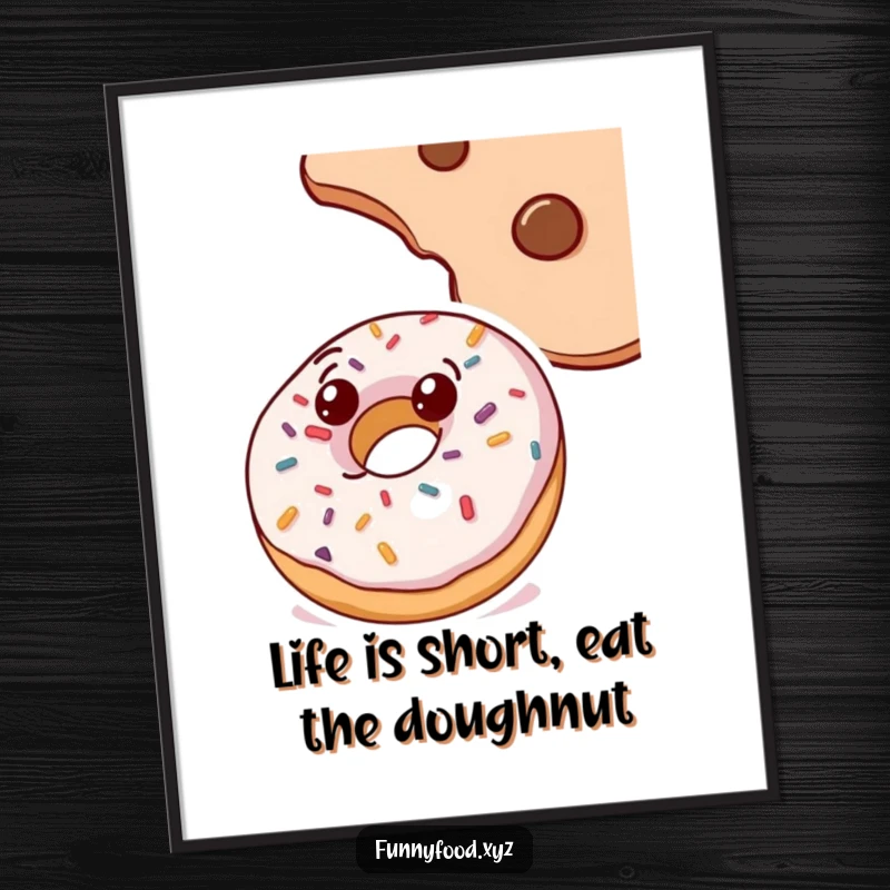 Funny Free Printable Wall Art: A curious doughnut with sprinkles looks up longingly at a cookie, a humorous downloadable.