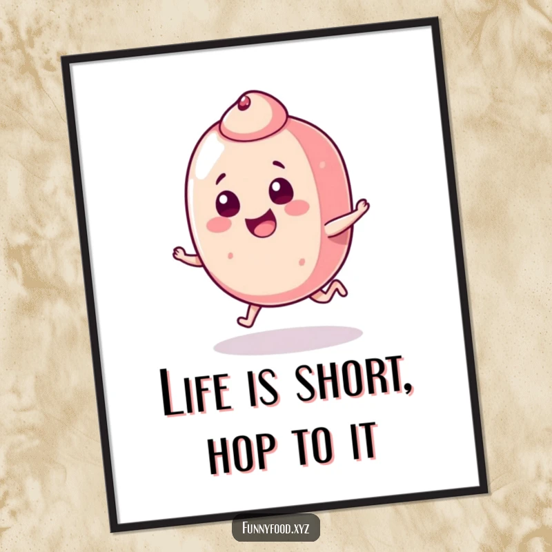 Funny Free Printable Wall Art depicting a small, energetic candy piece doing a joyful, mischievous hop.