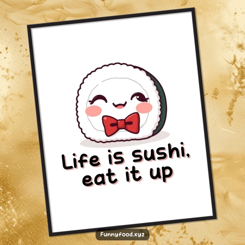 Funny Free Printable Wall Art: A cheerful sushi roll wearing a small bowtie is caught mid-giggle, full of playful charm.