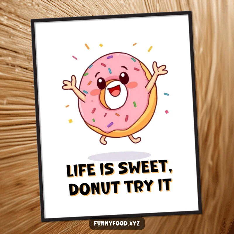 Funny Free Printable Wall Art: Anthropomorphic donut energetically doing jumping jacks, sprinkles flying wildly, pure joy!