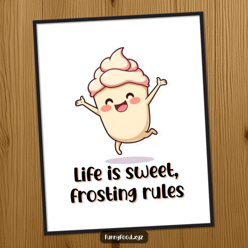 Funny Free Printable Wall Art: An artistic rendering of a happy cupcake with frosting doing a dynamic cartwheel, perfect for a kitchen or bakery.