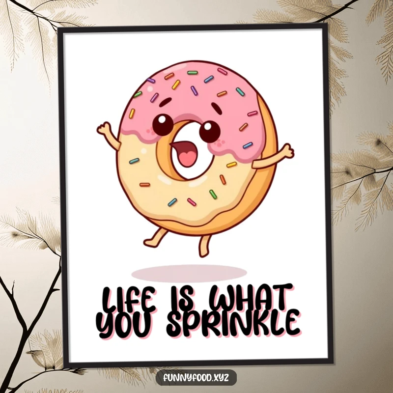 Funny Free Printable Wall Art: Surprised donut with sprinkles jumping high, full of excited energy. A whimsical, food-themed downloadable.