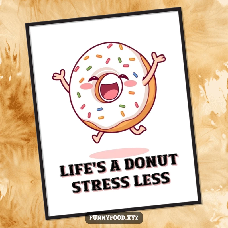 Funny Free Printable Wall Art of a delighted donut with sprinkles performing a joyful, energetic leap.
