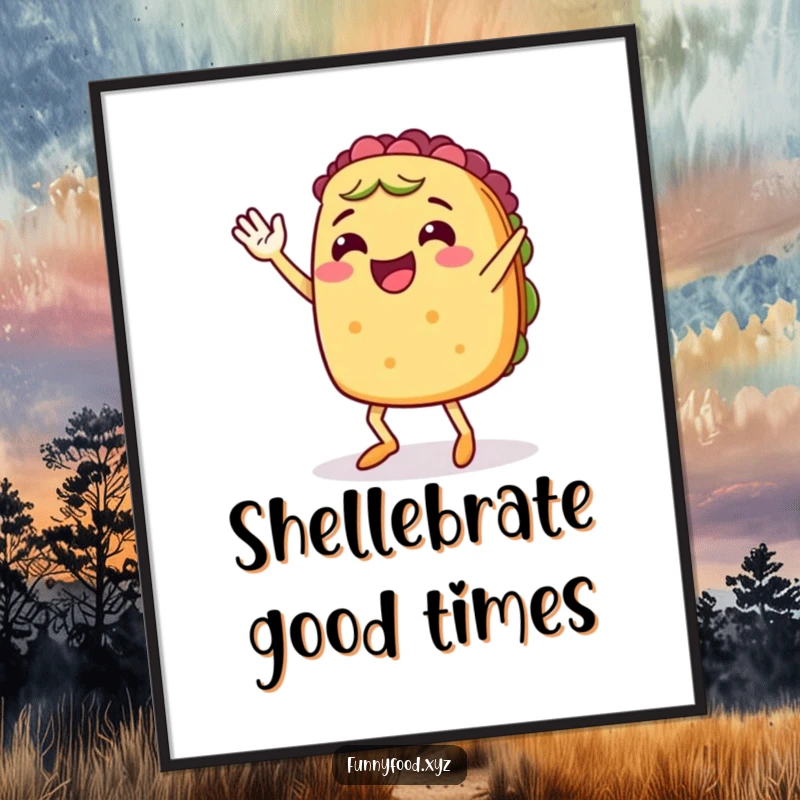Funny Free Printable Wall Art: Cheerful anthropomorphic taco with legs enthusiastically waves while dancing a jig.