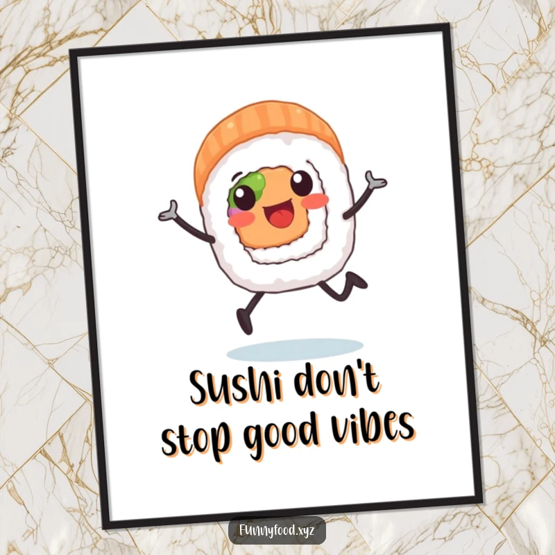 Funny Free Printable Wall Art: A happy sushi roll with legs is running enthusiastically, adding a quirky charm.