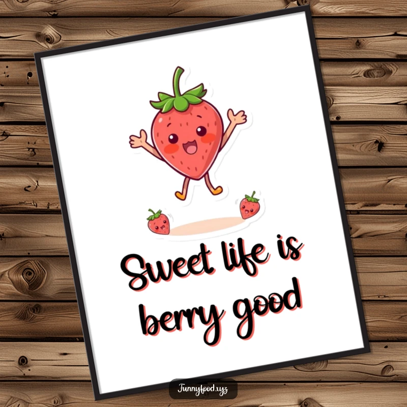Funny Free Printable Wall Art: A shocked strawberry character is captured mid-air, jumping with pure, delightful surprise and joy.