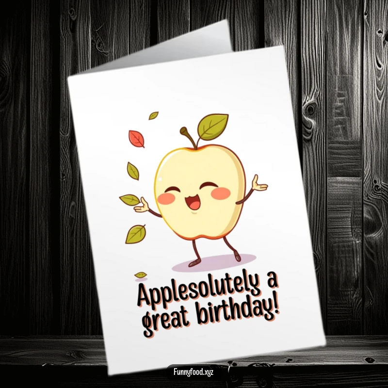Funny Free Printable Birthday Card: Winking apple juggling leaves with a mischievous grin, perfect for a laugh.