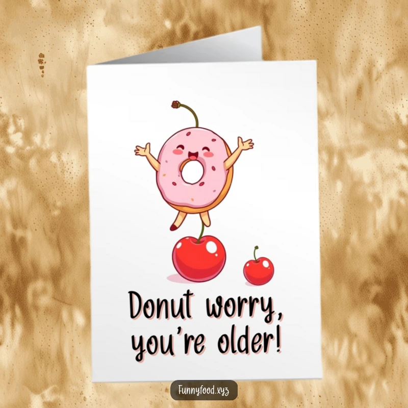 Funny free printable donut person balancing on a cherry, celebrating a birthday with pure delight.