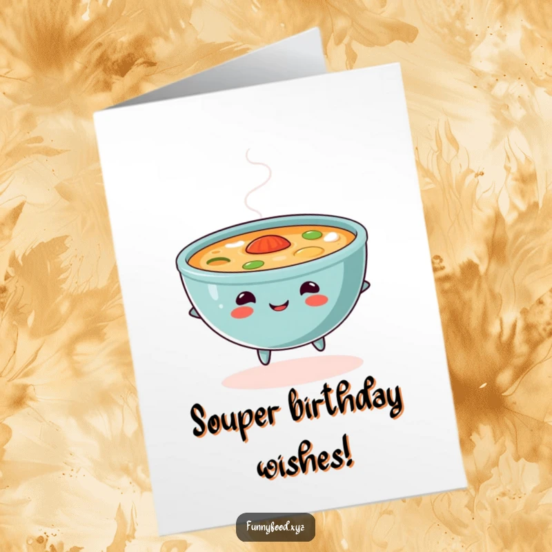Funny Free Printable Birthday Card: A content bowl of soup skips with happiness, steam rising like joyful energy.