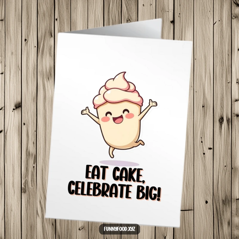 Funny Free Printable Birthday Card: A cheerful cupcake with frosting impressively performs a cartwheel, celebrating a birthday.