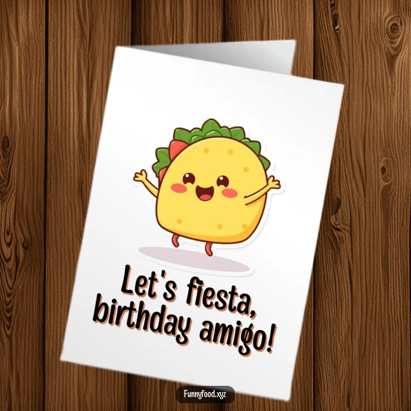 Funny Free Printable Birthday Card: A cheerful taco with legs enthusiastically dances, spreading birthday joy and fiesta vibes.
