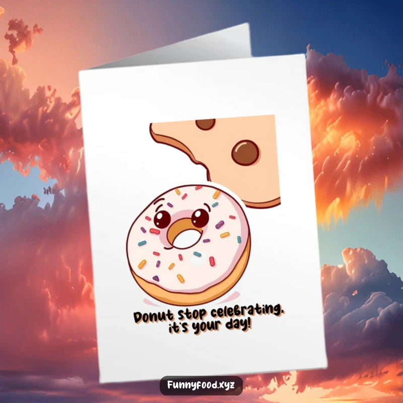 Funny Free Printable Birthday Card: Curious doughnut with sprinkles gazes up at a cookie, a whimsical downloadable design.