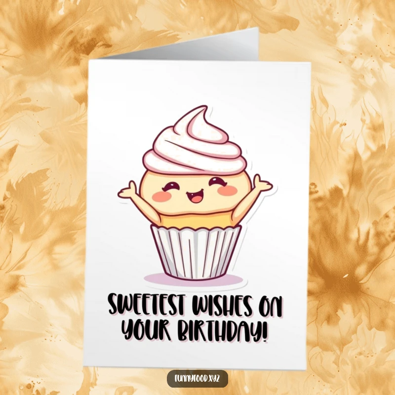 Funny Free Printable Happy Birthday card with a giggling cupcake in a delightful, playful bow.