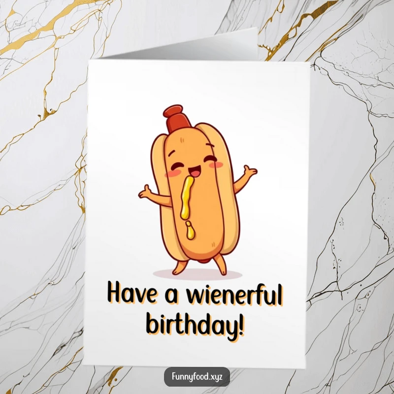 Funny Free Printable Birthday Card: Playful hot dog doing a silly shimmy with a mustard dribble, a comical downloadable design.