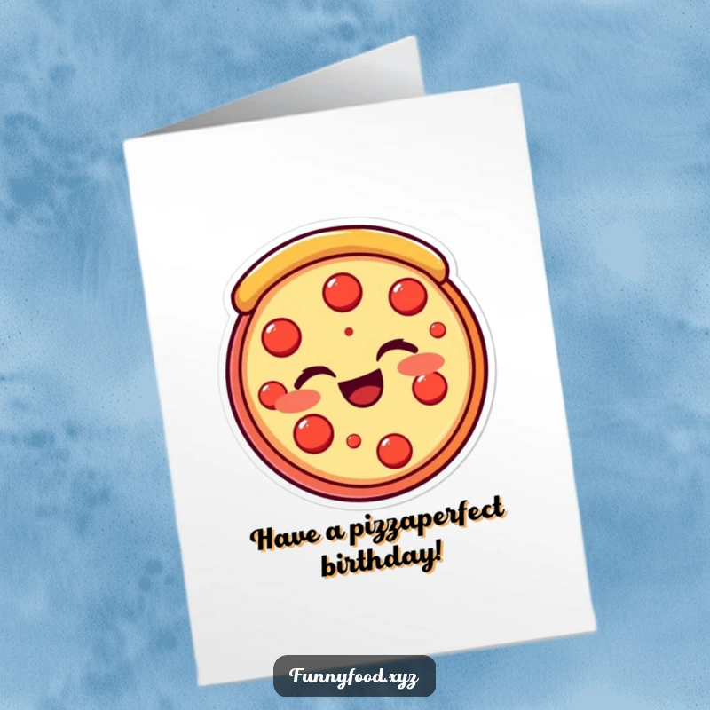 Funny Free Printable Happy Birthday card with a beaming, round pizza slice giving a cheeky wink.