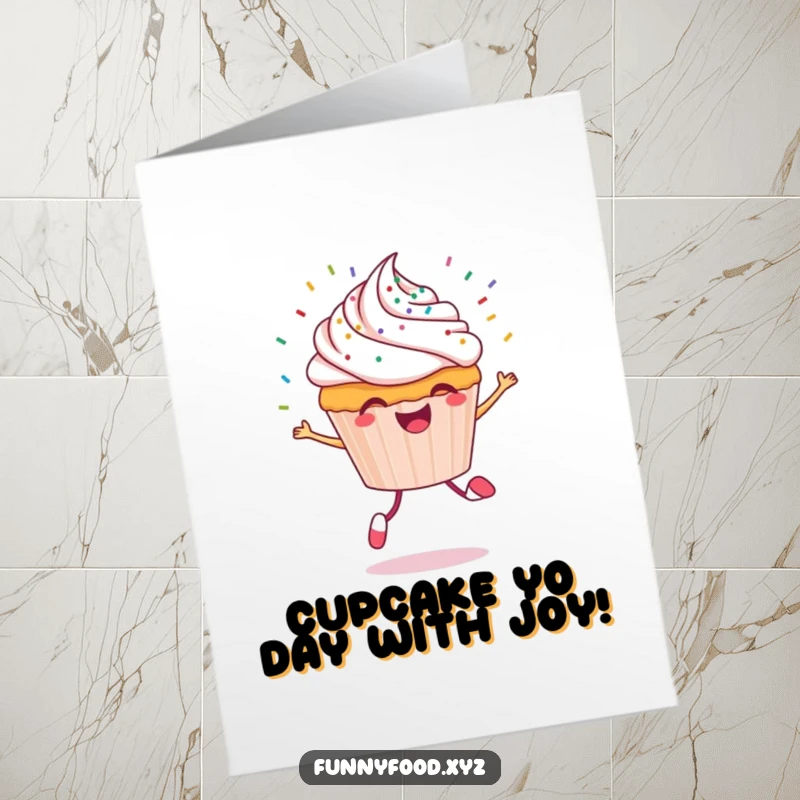 Funny Free Printable Cupcake Birthday Card: Cheerful character skipping joyfully with colorful sprinkles flying everywhere.