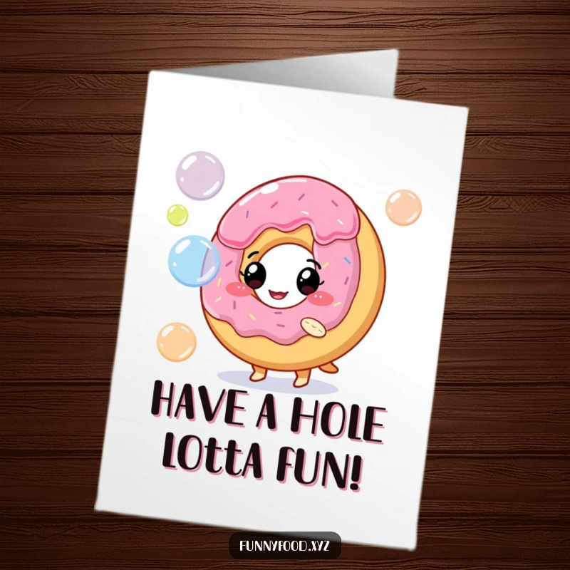 Funny free printable birthday card featuring a playful donut character blowing colorful, whimsical bubbles. A delightful and celebratory design.