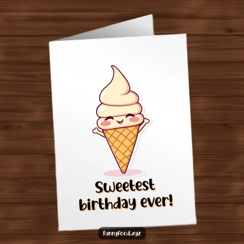Funny Free Printable birthday card with a winking ice cream cone character hilariously doing a headstand, full of birthday cheer.