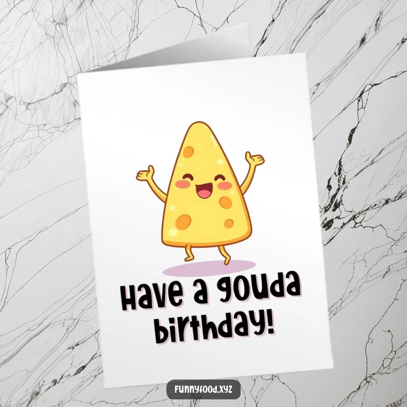 Funny Free Printable Birthday Card: Delighted cheese wedge does a silly, energetic dance with pure joy.