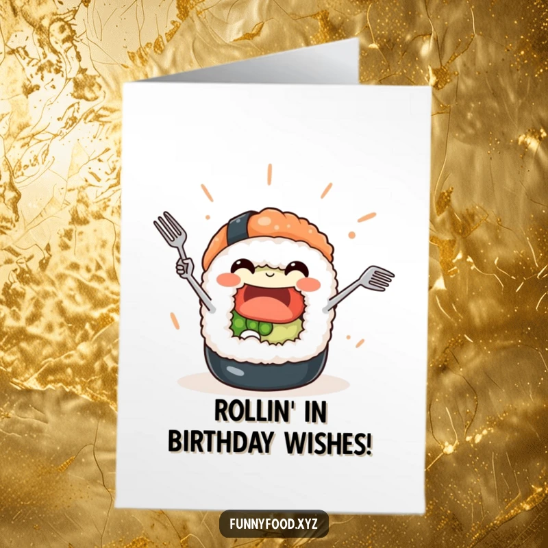 Funny Free Printable Birthday Card: A joyful sushi roll character juggling tiny forks with a happy expression.