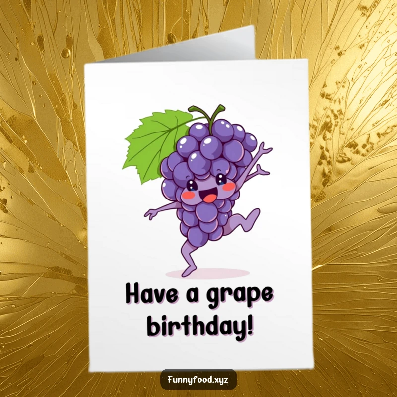 Funny free printable bunch of grapes performing a gymnastic move, celebrating a birthday.