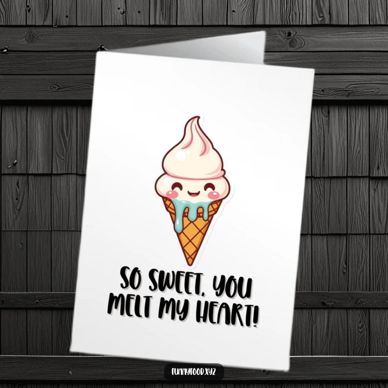 Funny Free Printable Happy Birthday card: A charming ice cream cone character melting with pure joy, looking utterly delighted.