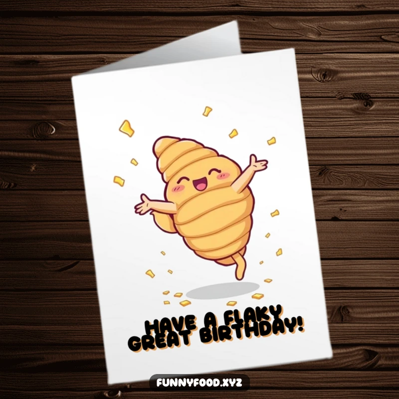 Funny Free Printable Birthday Card: Beaming croissant does energetic cartwheels, showering buttery flakes with delight.