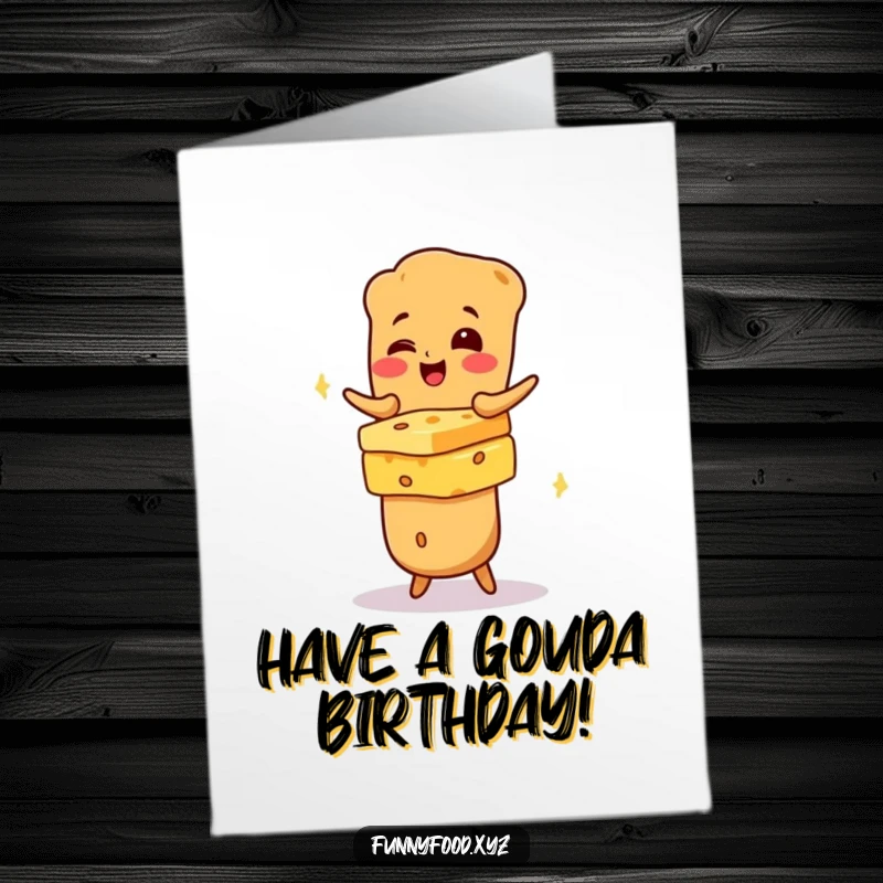 Funny Free Printable birthday card featuring a giggling baguette character precariously balancing a tower of cheese.