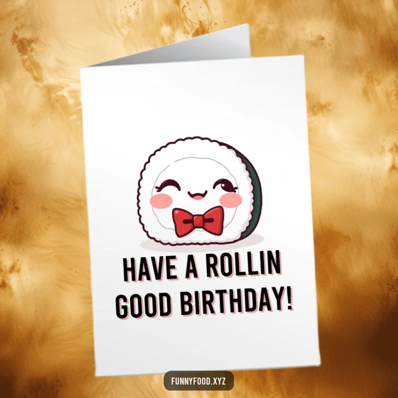 Funny Free Printable Birthday Card: A cheerful sushi roll wearing a tiny bowtie giggles with delight, ready for birthday wishes.