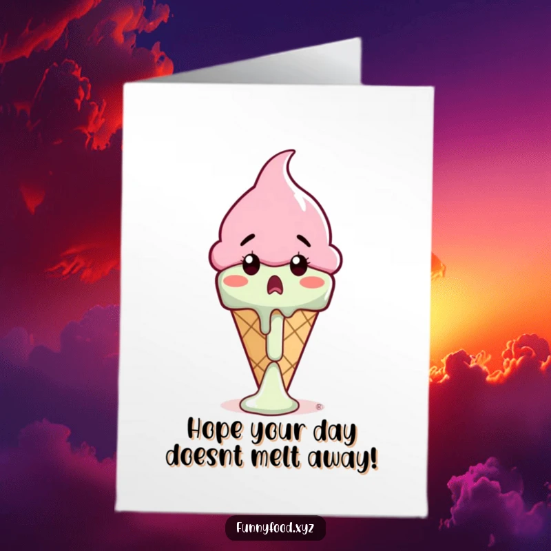 Free Printable Birthday Card with a shocked ice cream cone witnessing its own rapid melt, a funny moment.