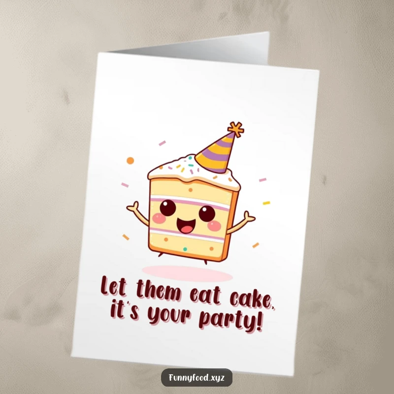 Funny Free Printable Birthday Card: Happy cake slice in party hat bouncing with joy and sprinkles, a festive downloadable.
