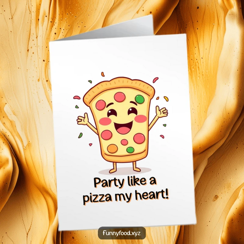 Funny free printable birthday card: A grinning pizza slice with arms joyfully throwing confetti, celebrating a cheesy birthday.