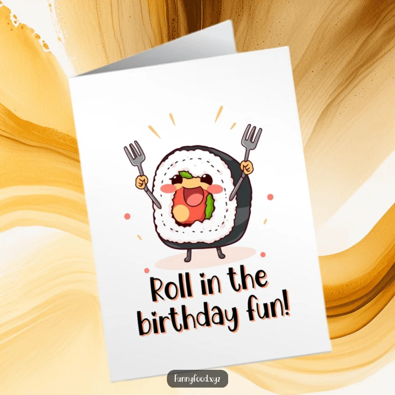 Funny Free Printable Birthday Card: A joyful sushi roll happily juggles tiny forks, celebrating a birthday with flair.