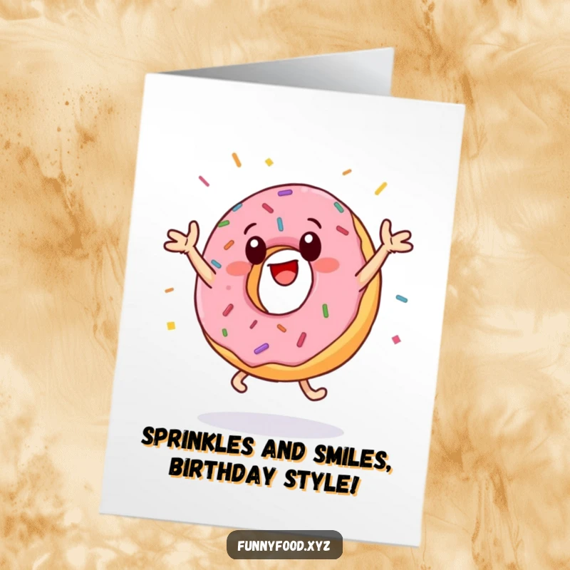 Funny Free Printable Birthday Card: Energetic donut doing jumping jacks with sprinkles flying, ready to party!