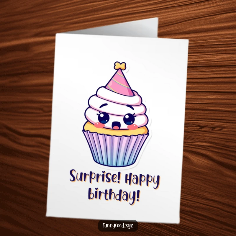 Funny Free Printable Birthday Card: A cupcake with wide eyes wearing a party hat, comically surprised by the birthday festivities.