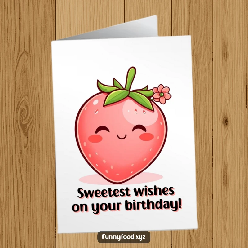 Funny free printable birthday card featuring a shyly smiling, plump strawberry offering a small, delicate flower.