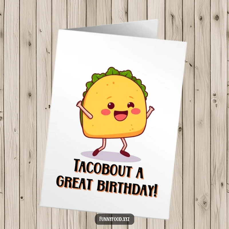 Funny free printable birthday card: A happy taco with legs doing a hilarious dance, bringing fiesta vibes to your birthday.