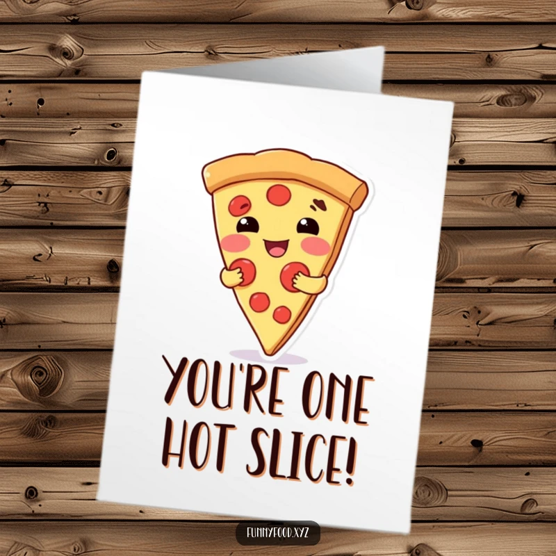 Funny free printable birthday card featuring a delighted pizza slice character offering a warm, welcoming hug. A cheesy and cheerful greeting.