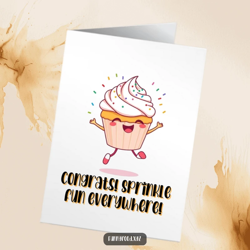 Funny Free Printable Cupcake Congratulations Card: A happy cupcake character skipping with sprinkles flying, celebrating achievements.