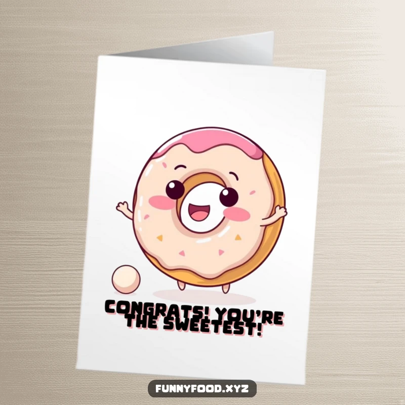Funny Free Printable Donut Congratulations Card: Adorable donut character joyfully bouncing a tiny ball, celebrating success.