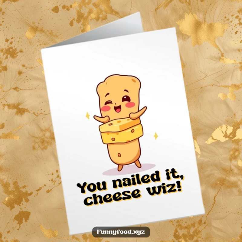 Funny Free Printable congratulations card showing a baguette character joyfully balancing a mountain of cheese.