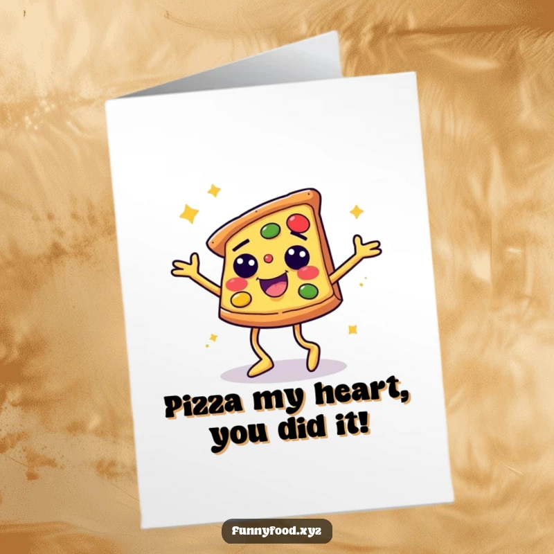 Funny Free Printable Congratulations Card: Pizza slice with legs doing the disco dance, celebrating a big win. A retro-themed downloadable.