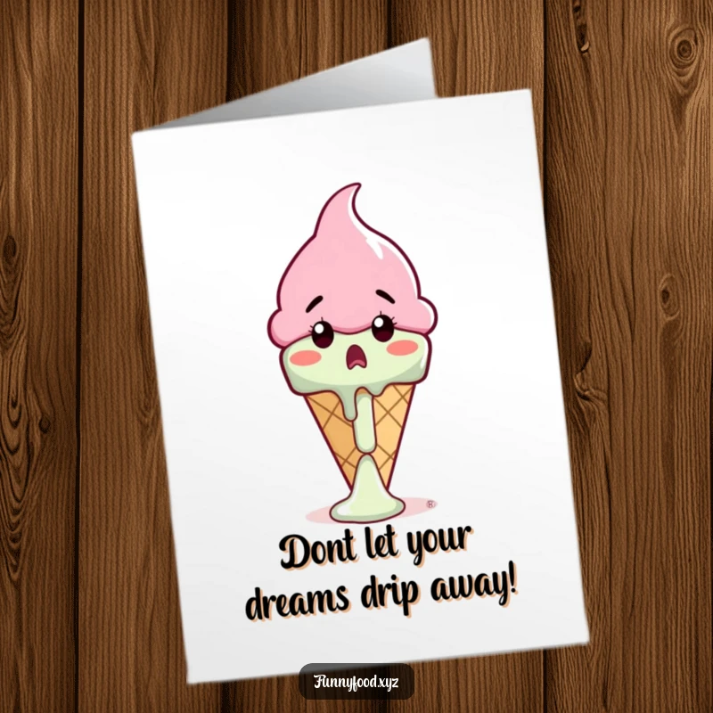 Free Printable Congratulations Card featuring a surprised ice cream cone watching a drip melt away quickly, a funny scenario.